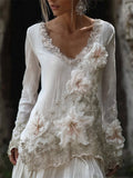 Classy White Lily Floral Lace Hem Flowy Linen Tunic elevenforest