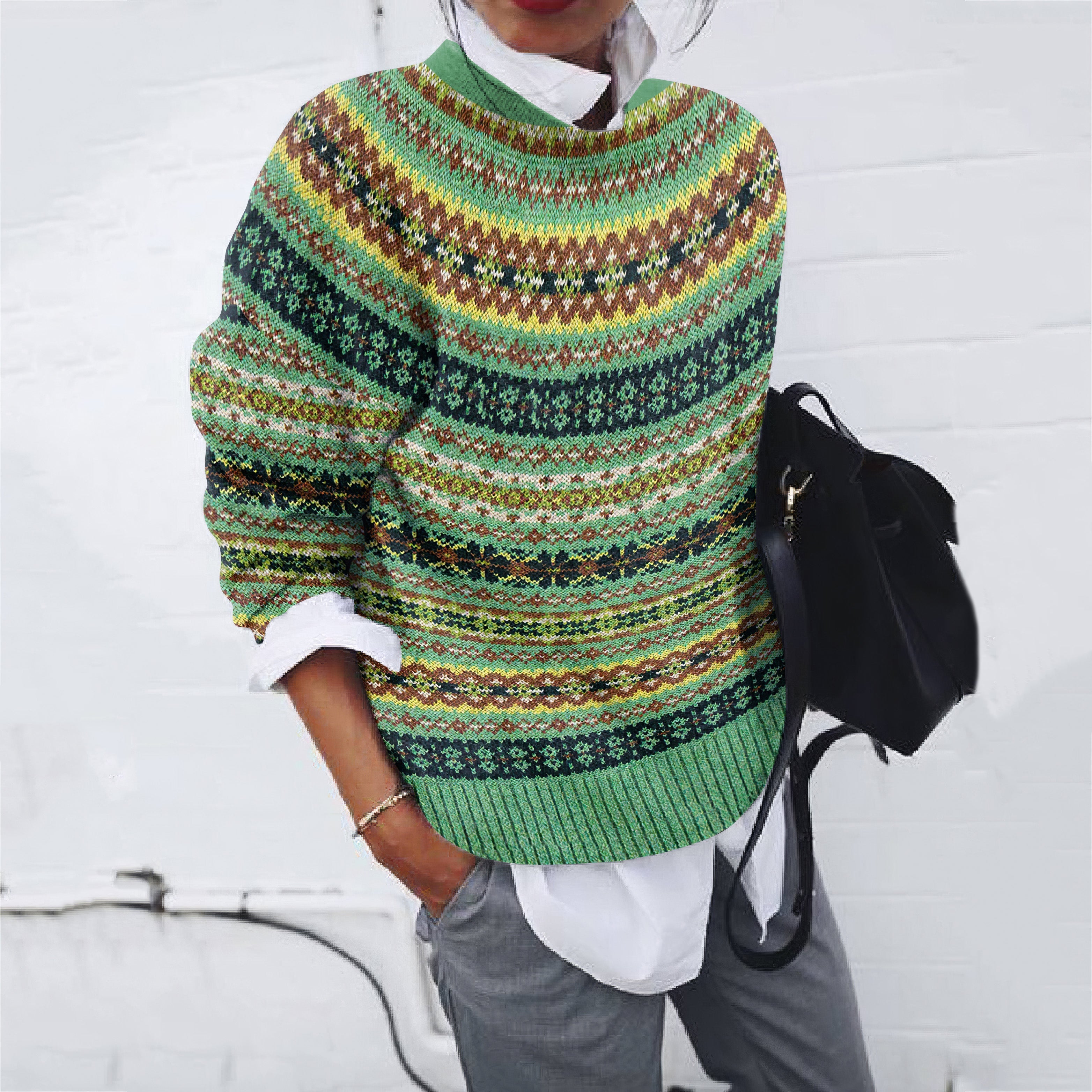 Vintage Icelandic Pattern Crew Neck Sweater elevenforest