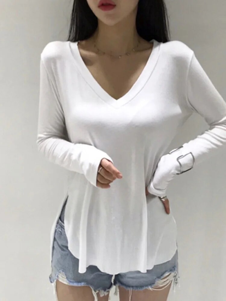 V Neck T Shirt for Spring Korean Style Woman Clothes Basic T Shirts Long Sleeve Tops Loose Tee Shirt Camisetas