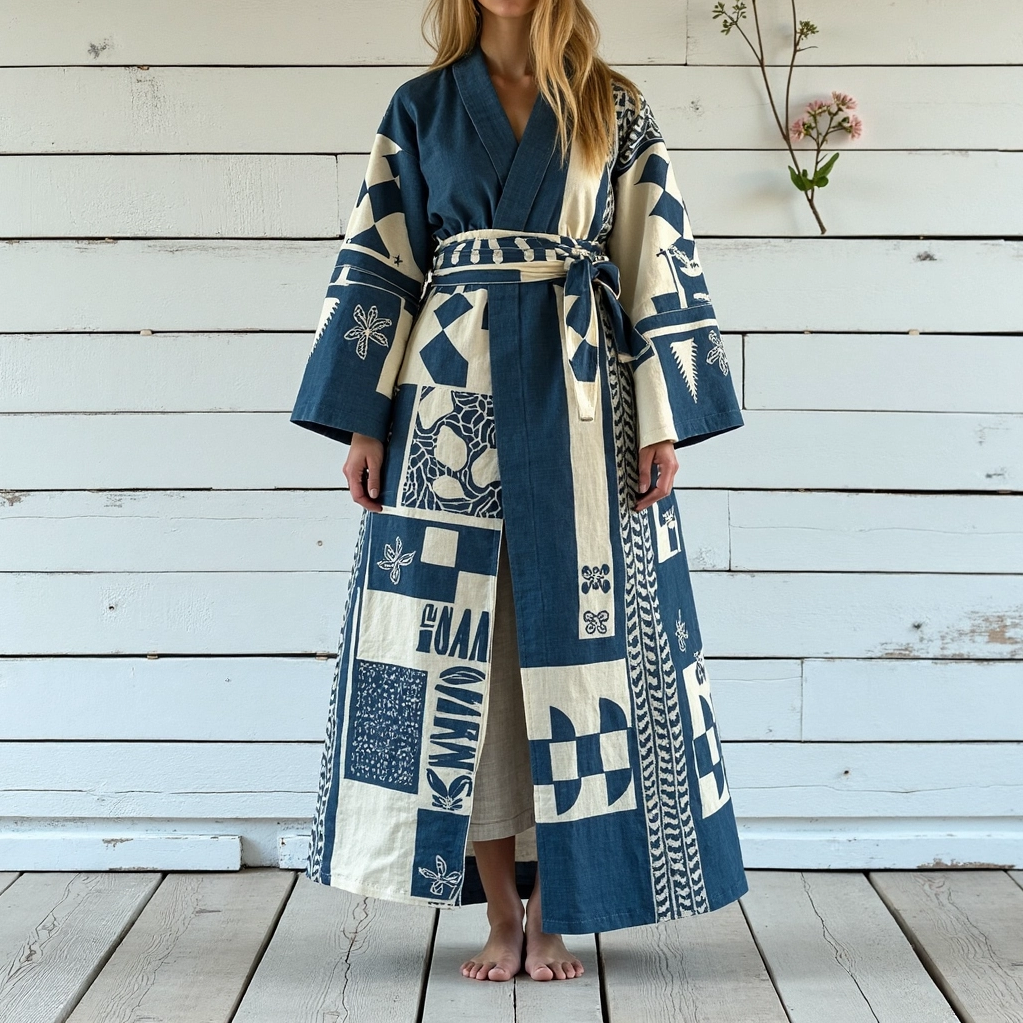 Women's Vintage Japanese Traditional Sashiko Art  Linen V-neck Robe elevenforest
