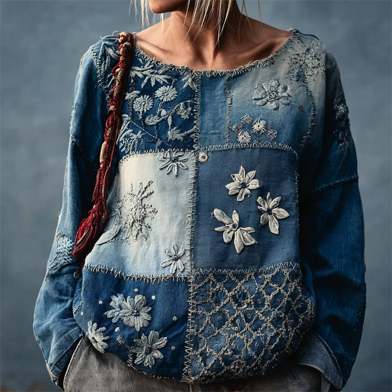 Japanese Floral Sashiko Inspired Patchwork Linen Tunic elevenforest