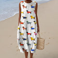 Comstylish Women's Retro Dachshund Dog Art Linen Tank Midi Dress