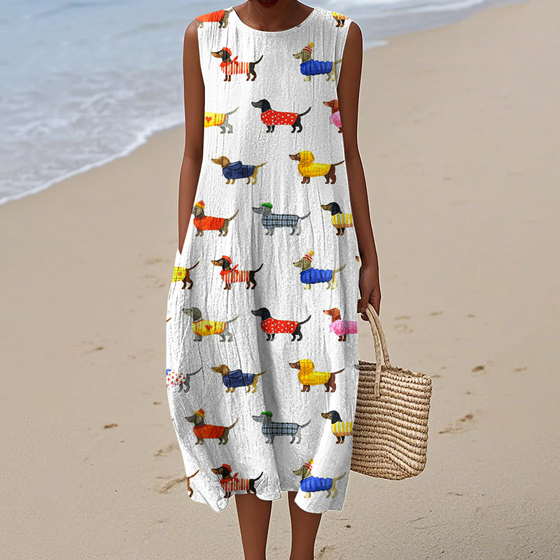 Comstylish Women's Retro Dachshund Dog Art Linen Tank Midi Dress