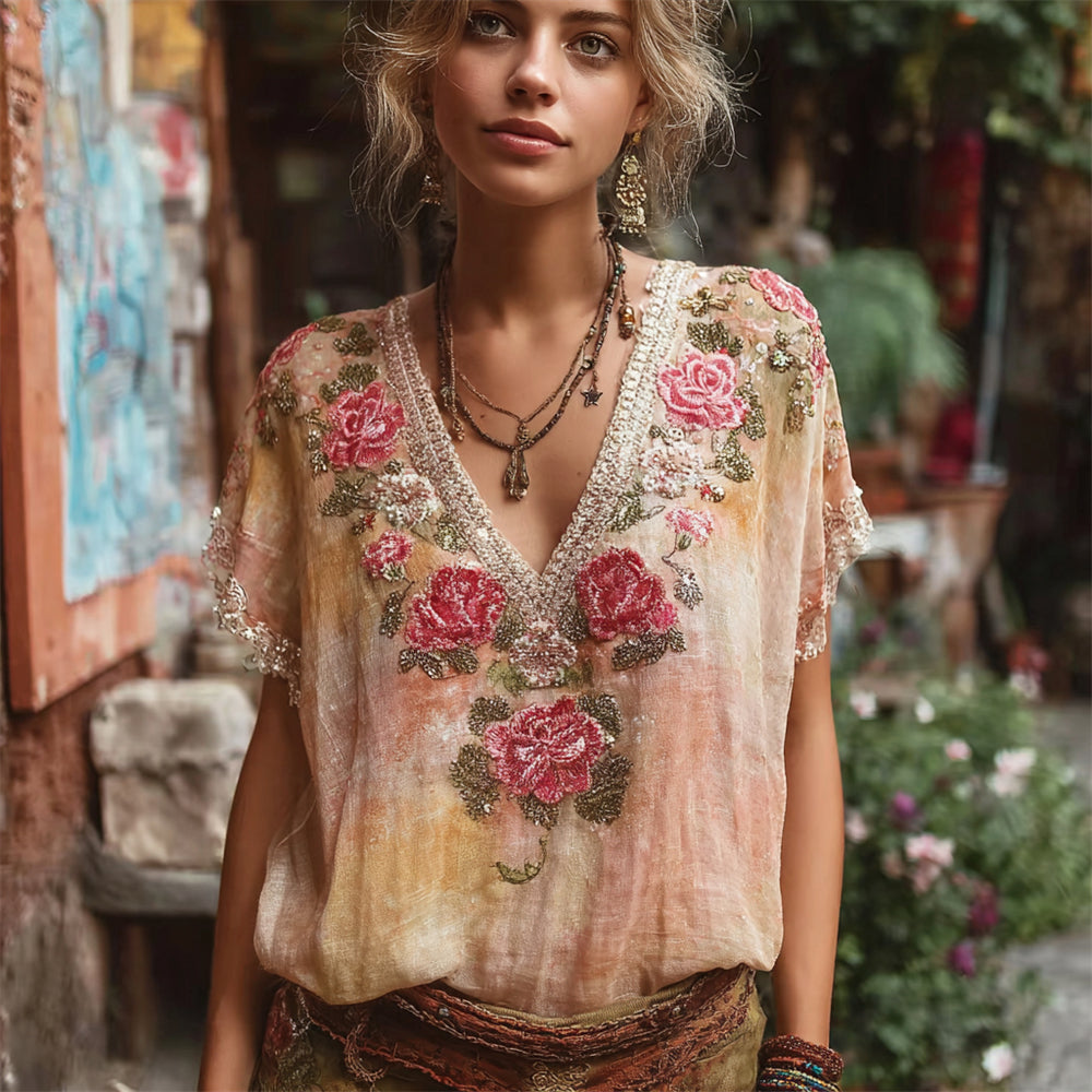Boho Sunset Floral Embroidery Women's Linen V-neck Shirt elevenforest