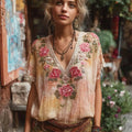 Boho Sunset Floral Embroidery Women's Linen V-neck Shirt elevenforest