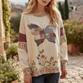 Women's Vintage Bohemian Style Round Neck Comfortable Linen Top With Butterfly Pattern elevenforest