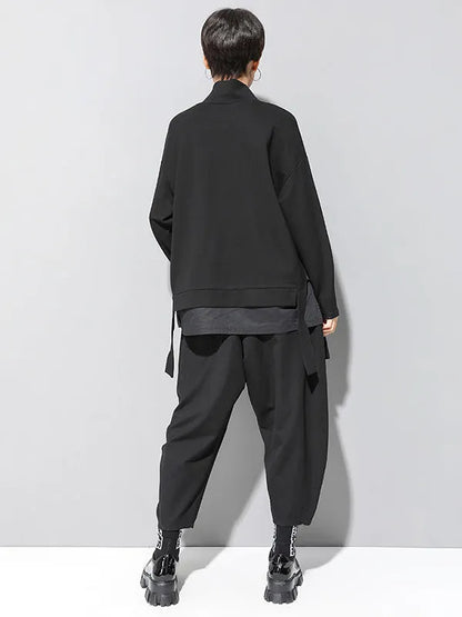 Black False-two Split-joint High-neck Sweatshirt T-shirt