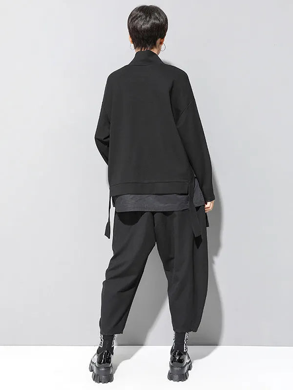 Black False-two Split-joint High-neck Sweatshirt T-shirt