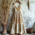 Lammas Elegant Wheat Embroidered Linen Maxi Dress elevenforest