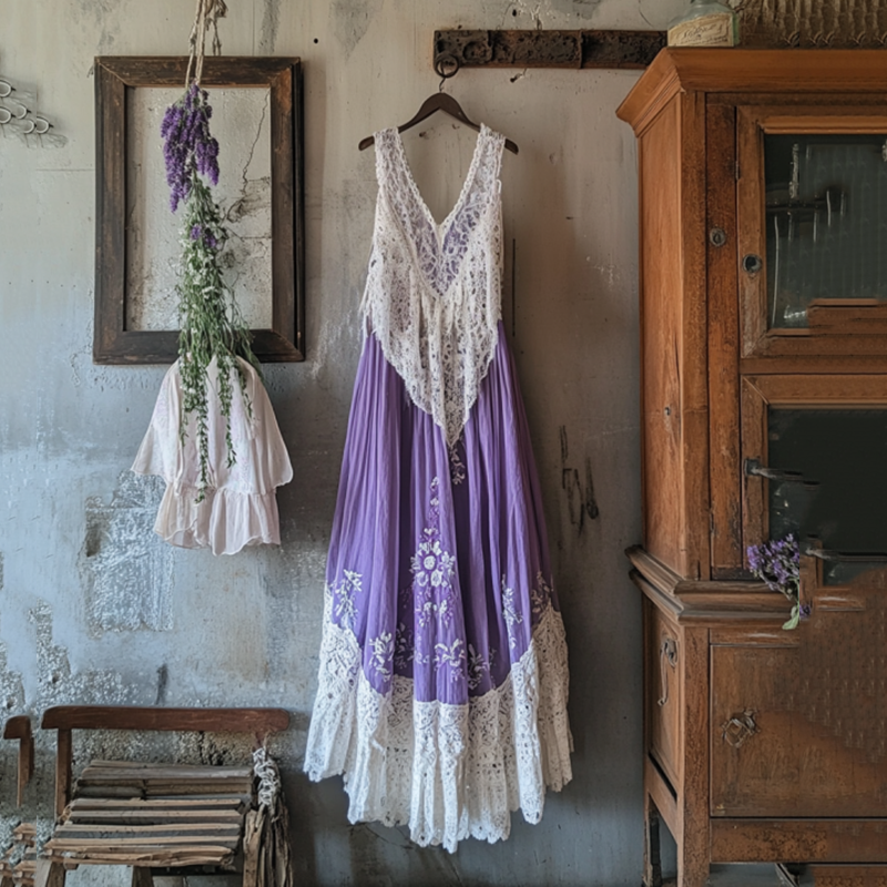 Boho Lavender Embroidered Gradient Lace Patchwork Linen Dress elevenforest