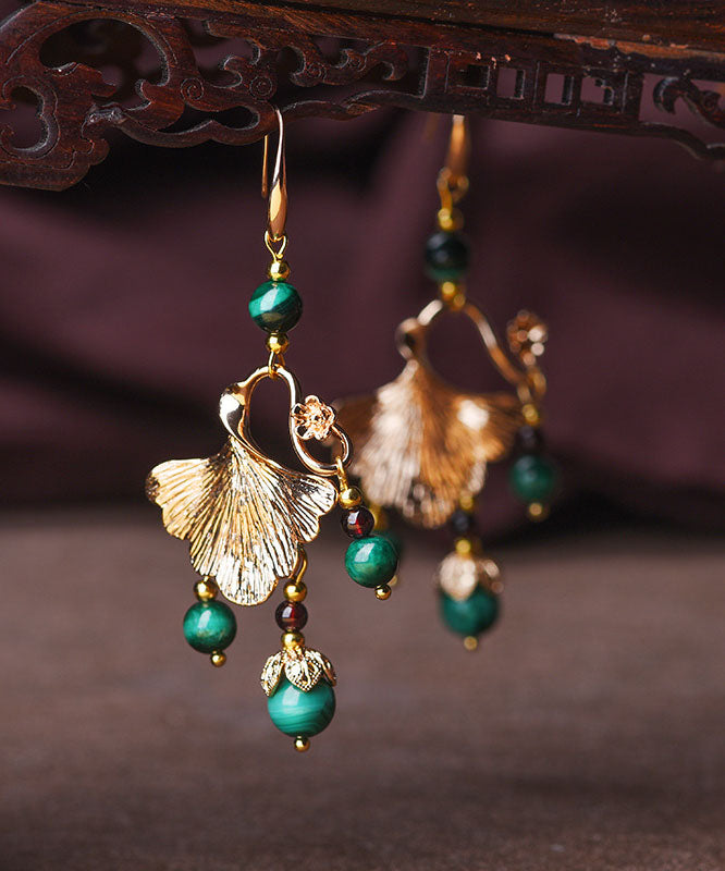Green Malachite Ginkgo Leaf 14k Gold Drop Earrings