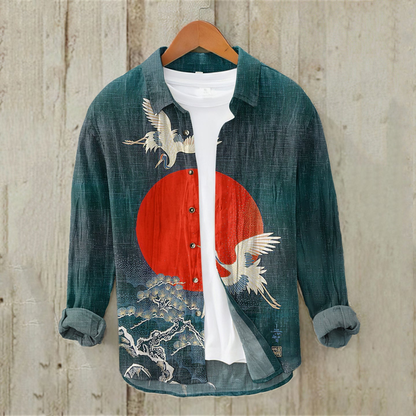 Cranes & Pine Trees Sunrise Japanese Linen Blend Shirt elevenforest