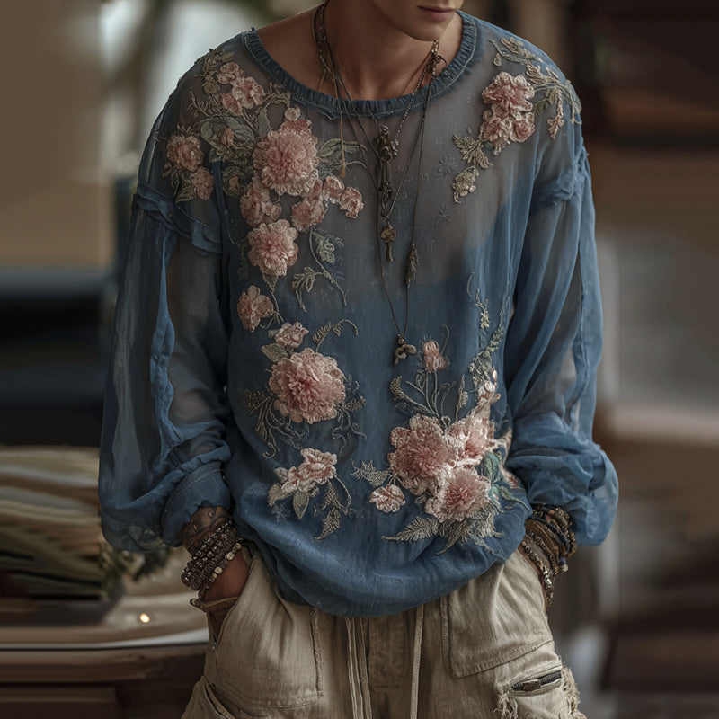 Men's Retro Floral Embroidered Comfy Linen Round Neck Shirt elevenforest