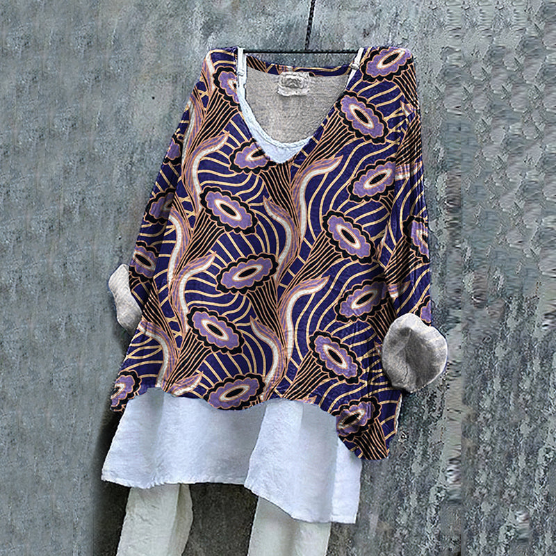 Comstylish African Flower Art Print V-neck Linen Blend T-shirt