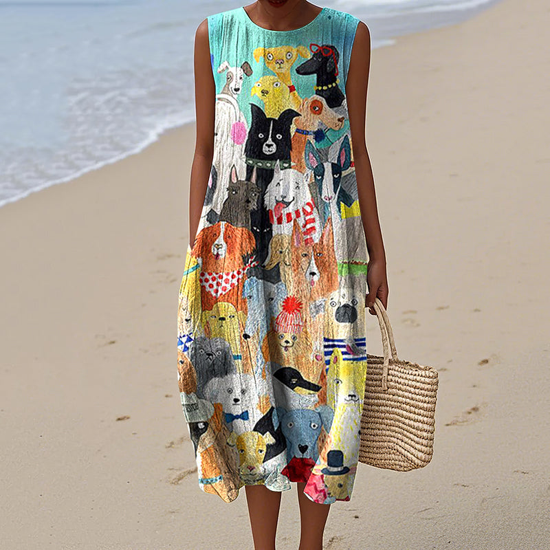 Women's Dog Art Print Tank Midi Dress elevenforest
