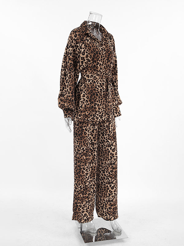 Loose Leopard Split-joint Lapel Long Sleeves Tied Waist Blouse + Elasticity Pants Trousers Two Pieces Set