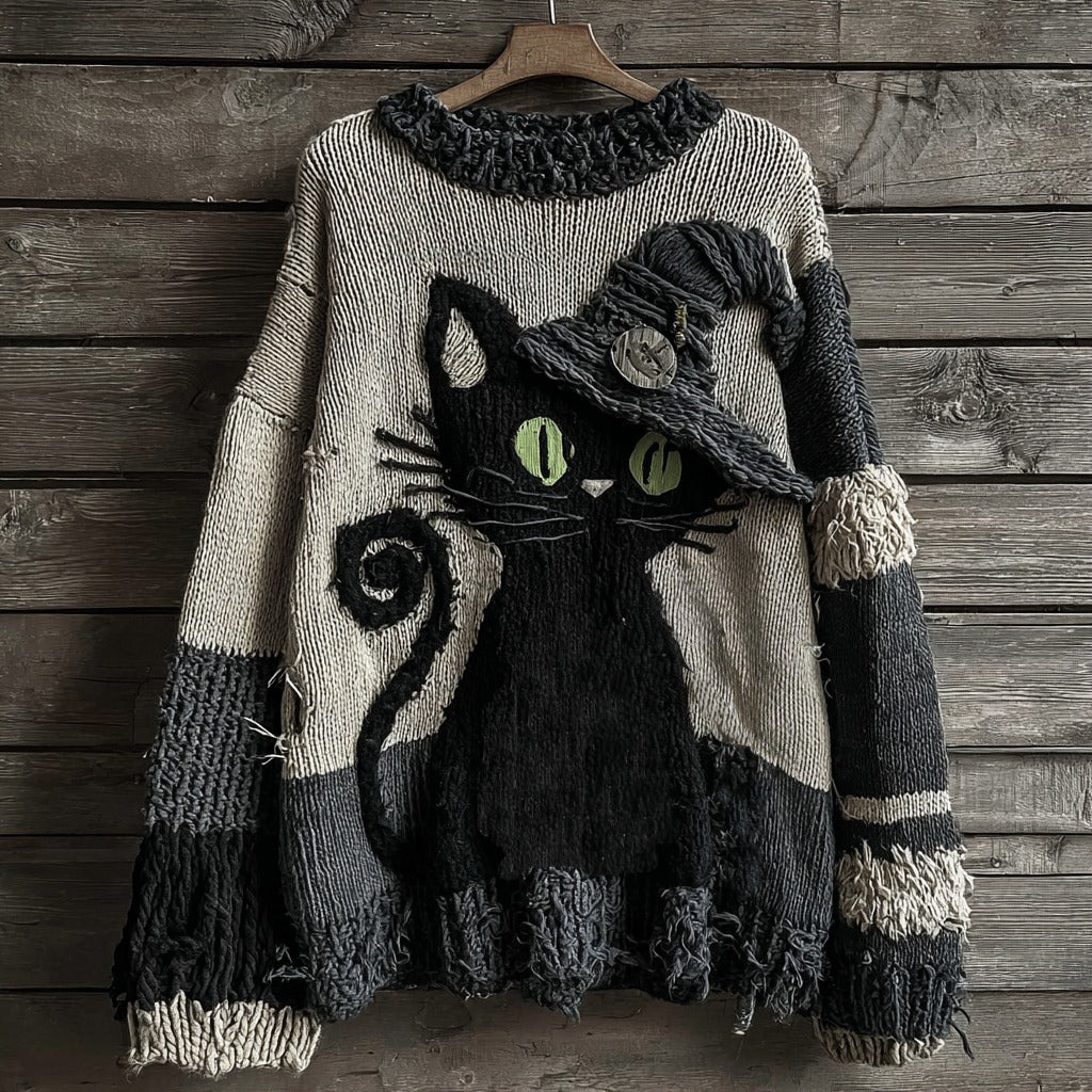 Comstylish Halloween Black Cat Striped Knitted Warm Crew Neck Sweater