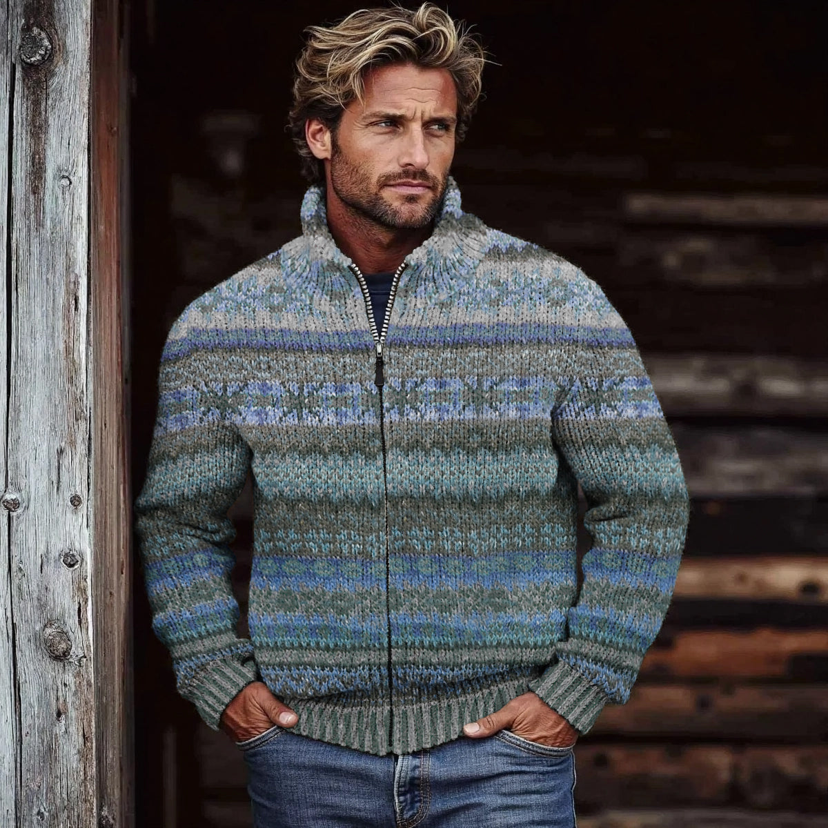 Men's Vintage Fairman Island Knit Jacquard Zip Sweater elevenforest