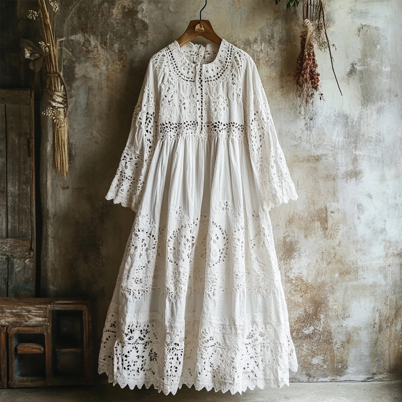 Vintage Floral Embroidered Lace Hem Linen Flowy Maxi Dress elevenforest
