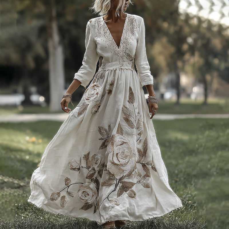 Women's Retro Rose Embroidered Art V-neck Midi Dress elevenforest