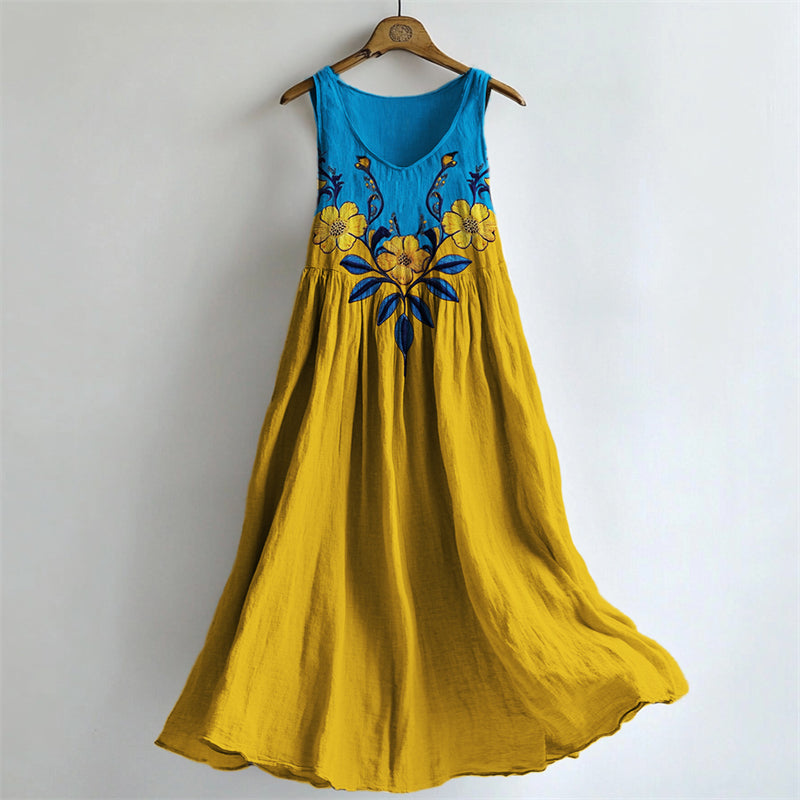 Boho Ukraine Floral Embroidered Contrast Patchwork Linen Dress elevenforest