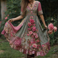 Bohemian Style Three-dimensional Embroidered Rose With Sequin Embellishment, Color-blocked Dreamy Pink And Green Vintage V-neck Short-sleeved Long Dress elevenforest