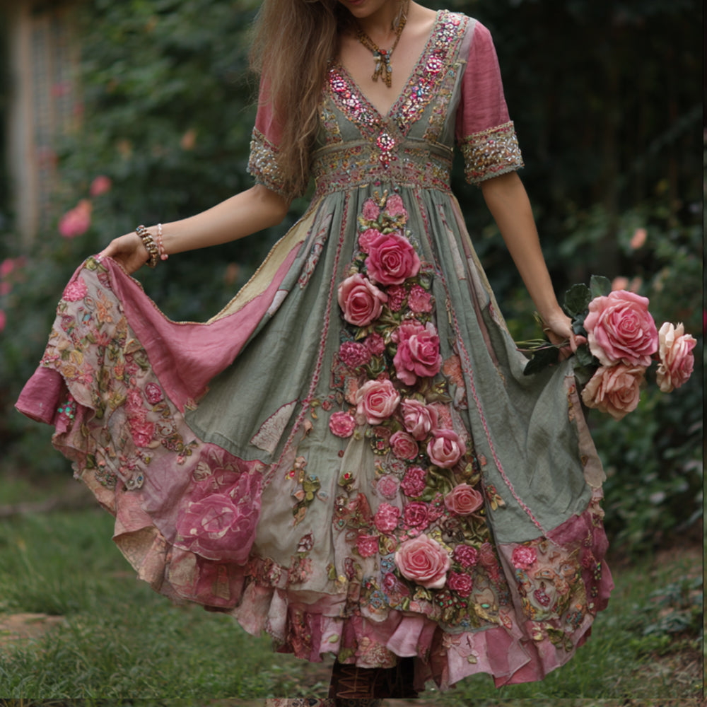 Bohemian Style Three-dimensional Embroidered Rose With Sequin Embellishment, Color-blocked Dreamy Pink And Green Vintage V-neck Short-sleeved Long Dress elevenforest