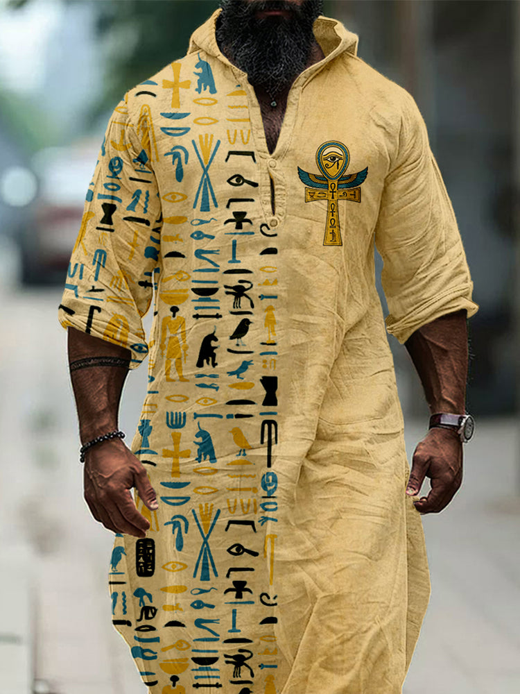 Ancient Egyptian Pattern Ankh Cross Print Hooded Linen Tunic elevenforest