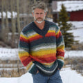 Men's Vintage Rainbow Stripe Knit Jacquard Fairman Island Jacquard Thick Warm V Neck Sweater elevenforest