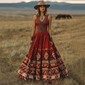 Women's Vintage Western Geometric Print V-neck Maxi Dress elevenforest