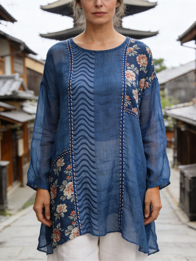Comstylish Japanese Sea Wave Line Stitch Floral Patchwork Pattern Women's Linen Long Sleeve Shirt