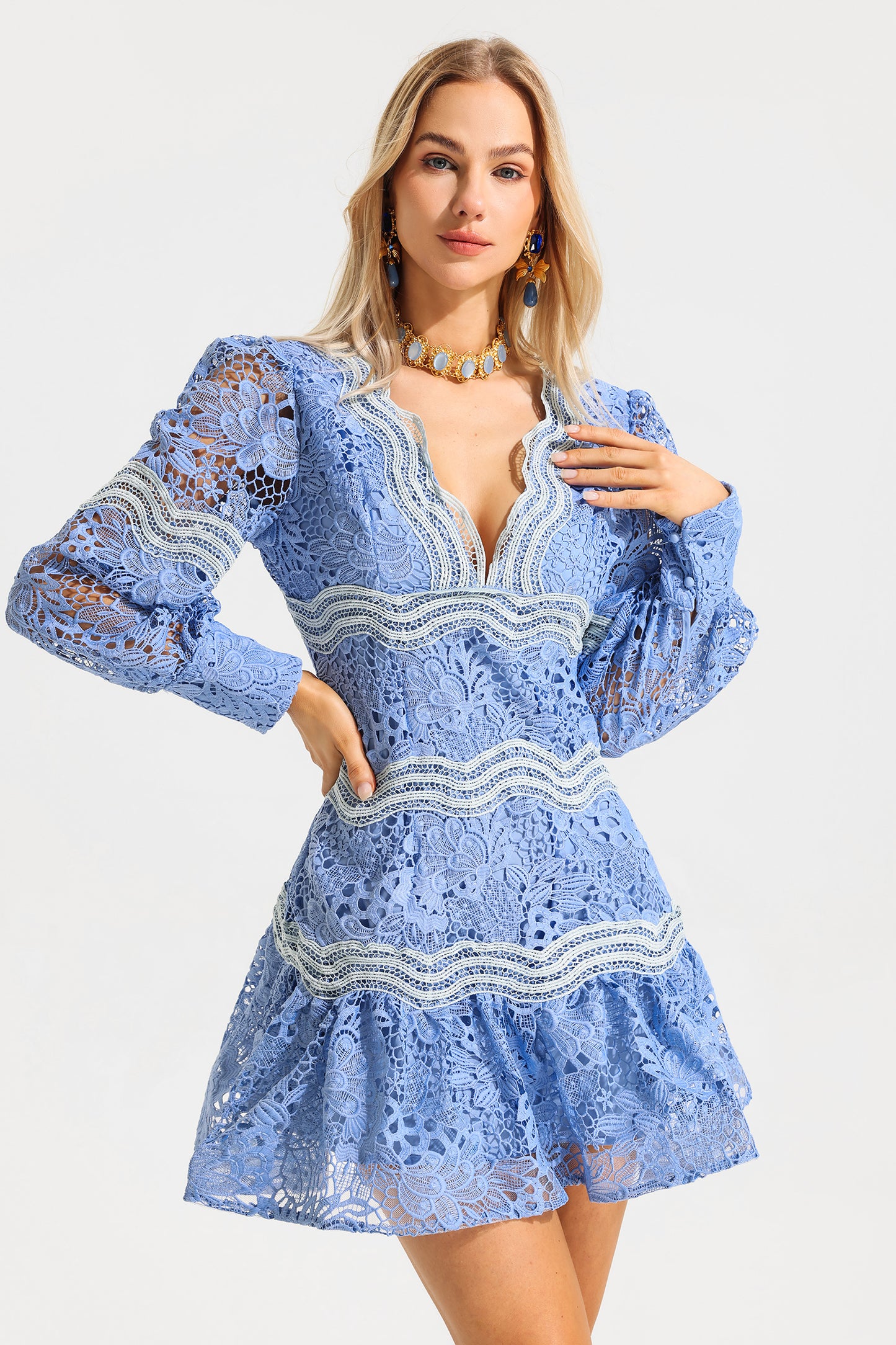 V-neck Puff Sleeve Lace Mini Dress