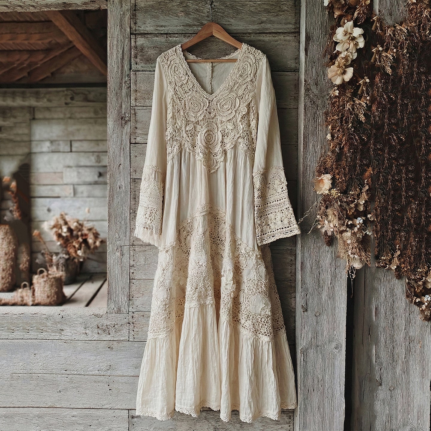 Women's Retro Lace Floral Pattern V-neck Midi Dress elevenforest