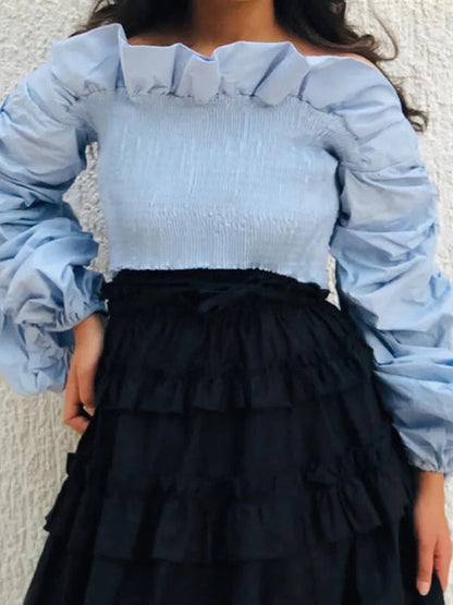 Long Sleeves Loose Elasticity Ruffle Trim Color Split-joint Off-the-shoulder Blouses&shirts Tops