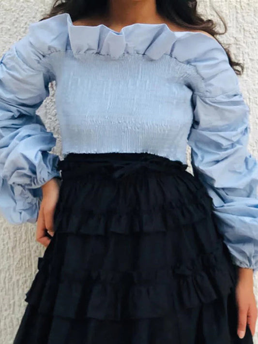 Long Sleeves Loose Elasticity Ruffle Trim Color Split-joint Off-the-shoulder Blouses&shirts Tops