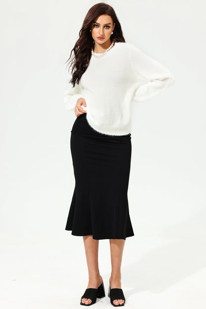 Long Sleeve Crew Collar Cut-out Lace Sweater White