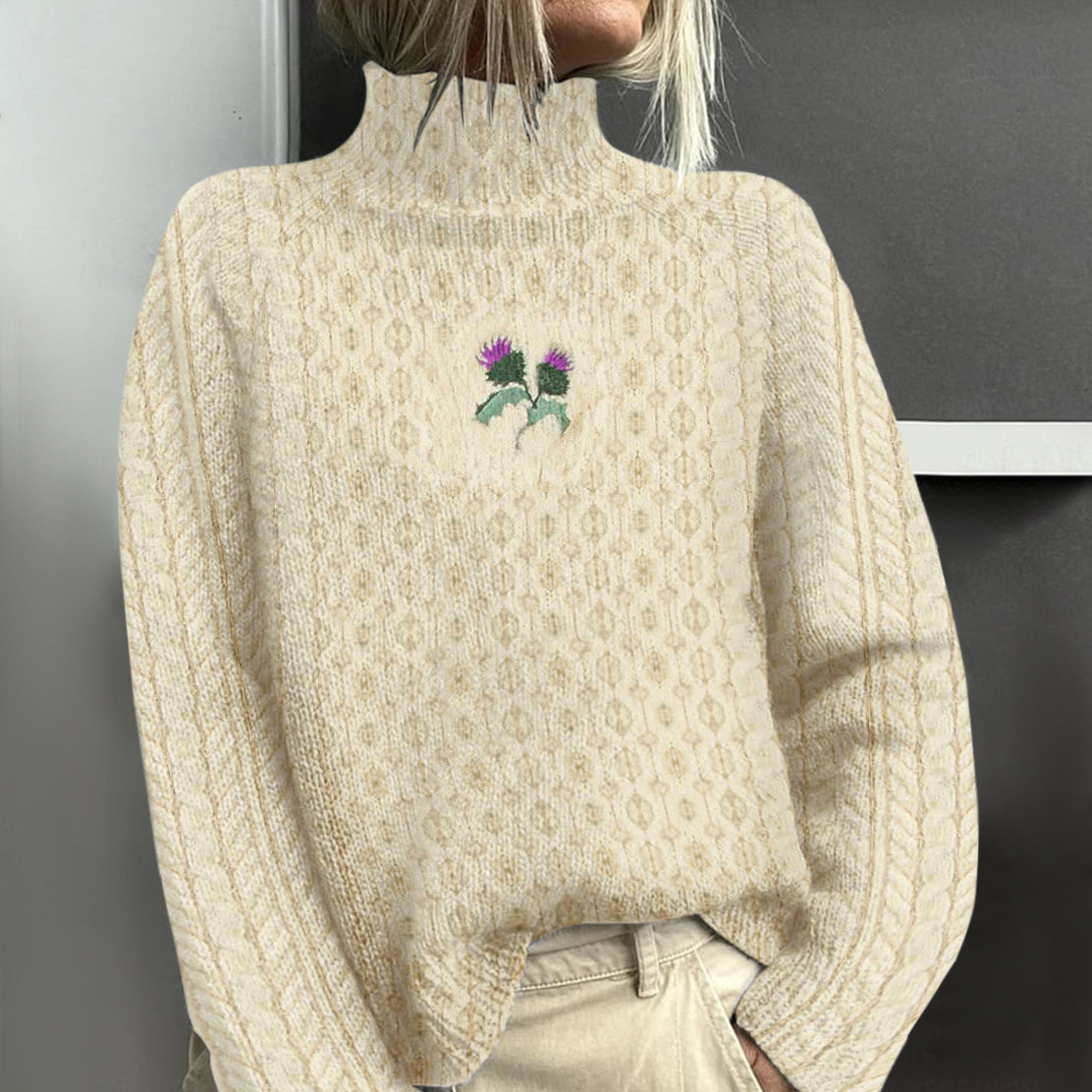 Vintage Scottish Thistle Embroidery Cozy Aran Sweater elevenforest