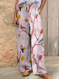 Women's Cute Bird Art Linen Wide Leg Pants elevenforest
