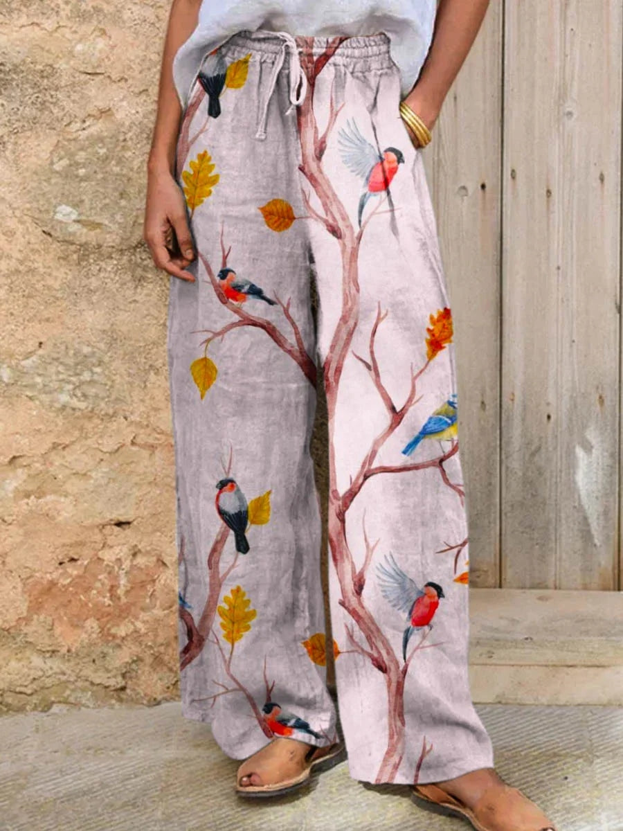 Women's Cute Bird Art Linen Wide Leg Pants elevenforest