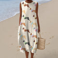 Retro Cute French Bulldog Art Linen Tank Midi Dress elevenforest