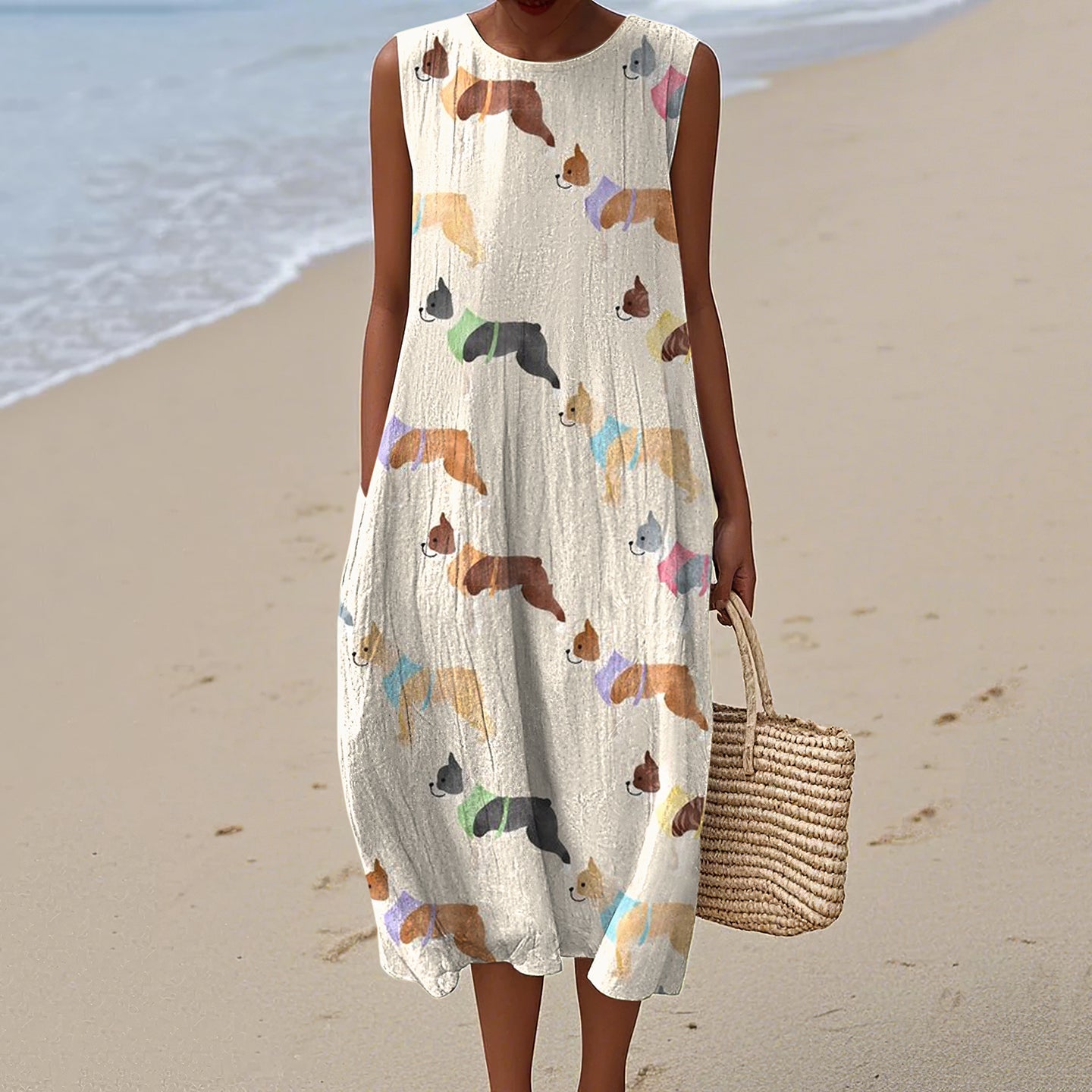 Retro Cute French Bulldog Art Linen Tank Midi Dress elevenforest