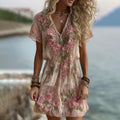 Women's Vintage Rose Embroidery Art Comfy Linen Short Sleeve Mini Dress elevenforest