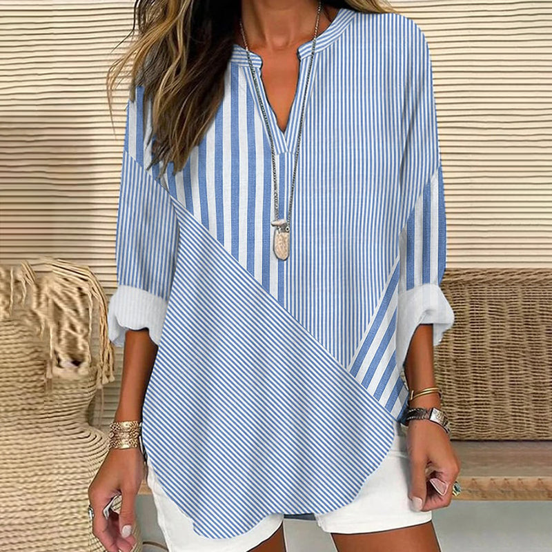 Women's Retro Striped Design Loose Long Sleeve Crew Neck Top elevenforest