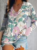 Women's Floral Art Print V-Neck Long Sleeve Top