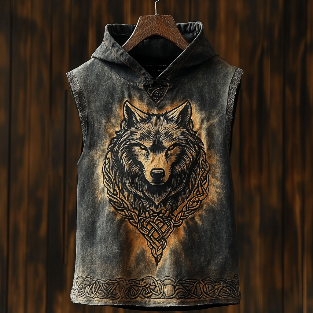 Men's Viking Wolf Head Celtic Mythology Distressed Hooded Tank Top elevenforest