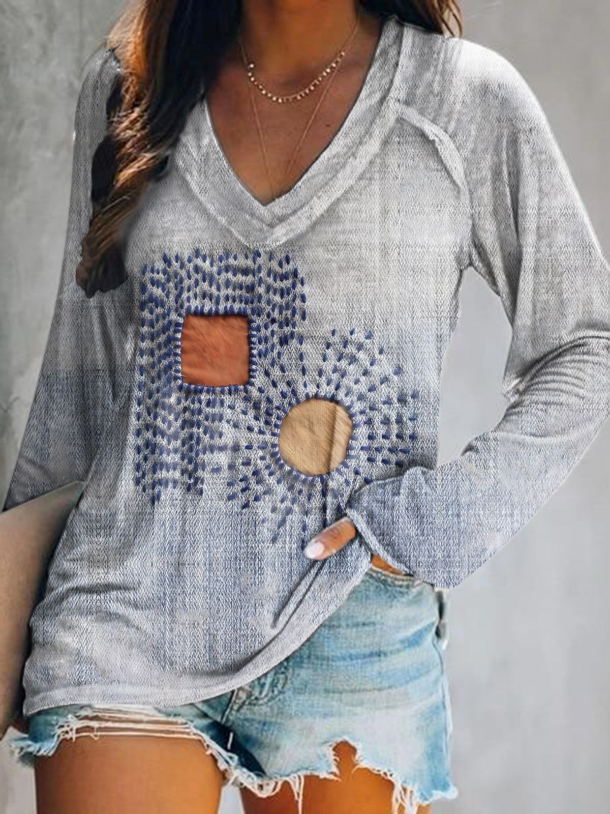 Women's Line Tattoo Art Print V-Neck Long Sleeve Top