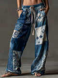 Vintage Floral Fiber Art Patchwork Flowy Casual Pants elevenforest