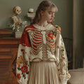 Comstylish Women's Skeleton & Floral Embroidery Art Color Block Cozy Sweater