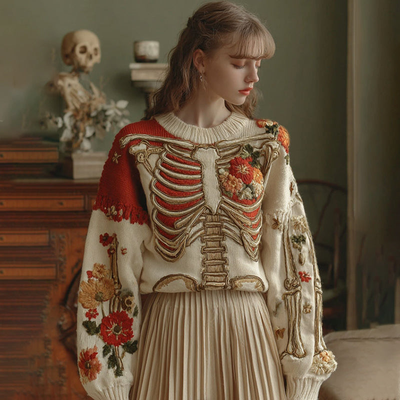 Comstylish Women's Skeleton & Floral Embroidery Art Color Block Cozy Sweater