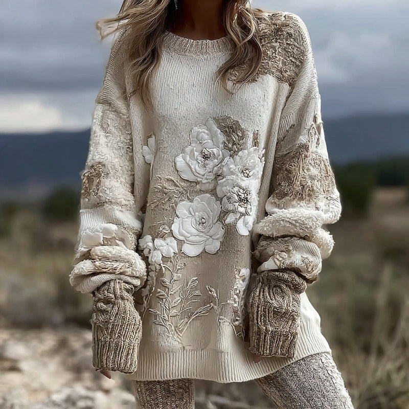 Women's Retro Rose Floral Art Cozy Crew Neck Sweater elevenforest